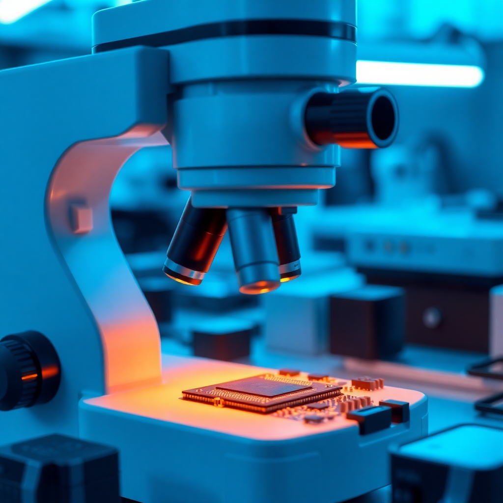 microscope inspecting electronic chip circuit board in high tech lab blue lighting industrial style
